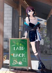 1girl ahoge arm_support asymmetrical_legwear belt black_boots black_jacket black_nails black_overalls black_pantyhose black_socks blue_hair boots breasts brown_hair chalkboard chalkboard_sign cohi27151463 commentary full_body grey_eyes hand_on_own_hip highres indie_virtual_youtuber jacket jewelry lace-up_boots leaning_to_the_side looking_at_viewer medium_breasts miniskirt mole mole_under_eye multicolored_hair nail_polish necklace off-shoulder_shirt off_shoulder open_clothes open_jacket open_mouth overalls padded_jacket pantyhose pleated_skirt shirt short_hair short_sleeves single_leg_pantyhose single_sock skirt smile socks solo standing storefront streaked_hair two-sided_fabric two-sided_jacket two-tone_hair virtual_youtuber white_belt white_shirt white_skirt yubari_rei