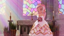 1girl absurdres agent_8_(splatoon) altar bouquet breasts bride candle church church_interior cleavage cross crucifix dress flower gloves highres holding holding_bouquet large_breasts light_rays long_hair looking_at_viewer nintendo octoling octoling_girl octoling_player_character octopus_girl orange_eyes pink_hair plant pointy_ears ponytail potted_plant smile soandnb splatoon_(series) stained_glass standing strapless strapless_dress suction_cups sunbeam sunlight tentacle_hair wedding_dress white_dress white_gloves
