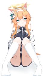 1girl absurdres animal_ear_fluff animal_ears blue_archive blush closed_mouth flower full_body gym_shorts gym_uniform hair_between_eyes hair_flower hair_ornament hairband halo highres jacket kabocya_na knees_up long_hair long_sleeves looking_at_viewer mari_(blue_archive) mari_(track)_(blue_archive) multicolored_jacket official_alternate_costume orange_hair shorts simple_background sitting socks solo track_jacket two-tone_jacket white_background white_flower white_hairband white_socks yellow_halo