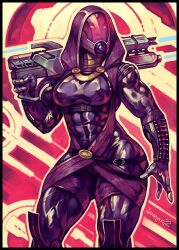1girl abs alien biceps bodysuit bracer breasts choker covered_erect_nipples gas_mask gun highres hood janrock latex mask mass_effect_(series) mass_effect_1 medium_breasts muscular muscular_female over_shoulder quarian shotgun signature tali&#039;zorah thick_thighs thighs weapon weapon_over_shoulder wide_hips