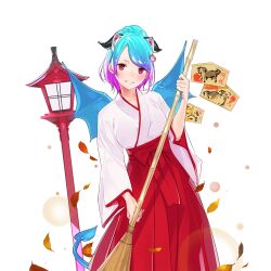 1girl ama_mitsuki blue_hair broom demon_girl demon_tail demon_wings ema horns japanese_clothes miko multicolored_hair nyx_yaamaa_(uchi_no_hime-sama) pink_hair red_eyes tail uchi_no_hime-sama_ga_ichiban_kawaii wings