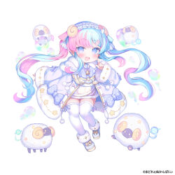 Rule 34 | 1girl, :d, bell, blue eyes, blue footwear, blue hair, blue hairband, blue ribbon, blush, bow, bowtie, carrot hair ornament, character request, coat, commentary request, copyright notice, curled horns, dress, fang, food-themed hair ornament, footwear bow, full body, fur-trimmed coat, fur-trimmed dress, fur-trimmed footwear, fur-trimmed sleeves, fur-trimmed thighhighs, fur trim, hair ornament, hair ribbon, hairband, hood, hood down, hooded coat, horns, index finger raised, lily ange, lolita hairband, long hair, long sleeves, looking at viewer, multicolored hair, neck bell, official art, open clothes, open coat, open mouth, pink hair, purple bow, purple bowtie, purple coat, ribbon, sheep, sheep horns, smile, solo, standing, standing on one leg, thighhighs, twintails, two-tone hair, white background, white thighhighs, yellow bow, yellow dress, yellow horns, yinpa (wanone500511)