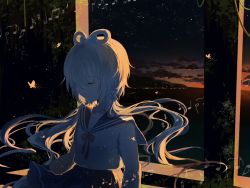 1girl bug butterfly closed_eyes cloud crotchet_rest female_focus insect long_hair luo_tianyi musical_note outdoors quaver ribbon school_uniform sharp_sign shintani shirt sky solo sunset twilight twintails vocaloid vocanese vsinger_(vocaloid)