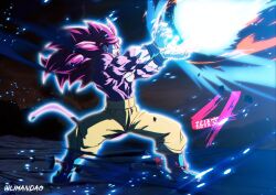 Rule 34 | 1boy, black background, blue boots, body fur, boots, dragon ball, dragon ball daima, energy beam, from side, kamehameha (dragon ball), limandao, long hair, male focus, monkey tail, muscular, muscular male, orange pants, pants, profile, red eyes, red fur, red hair, red tail, simple background, solo, son goku, spiked hair, standing, super saiyan, super saiyan 4, tail, topless male, translation request, twitter username
