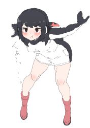 1girl :t absurdres adelie_penguin_(kemono_friends) angry bent_over black_hair black_sweater blush boots brown_eyes dress headphones highres kemono_friends kumasyan1998 long_sleeves mittens multicolored_hair pink_boots red_hair short_hair sidelocks solo sweater sweater_dress turtleneck turtleneck_sweater two-tone_hair two-tone_sweater white_sweater