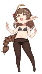Rule 34 | 1girl, black bra, black panties, black pantyhose, bra, braid, brown hair, flat chest, full body, granblue fantasy, haaselia, harvin, highres, long hair, looking at viewer, open mouth, orange eyes, panties, panties under pantyhose, pantyhose, pointy ears, solo, underwear, variant set, very long hair, yggsil