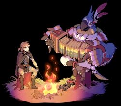 2boys accordion bird_boy black_background black_cape black_footwear black_gloves blonde_hair blue_eyes blue_tunic boots campfire cape commentary_request crossed_legs feathers figure_four_sitting fingerless_gloves fire furry furry_male gloves highres holding holding_instrument instrument kass korean_commentary link male_focus multiple_boys nintendo pants patterned_clothing plume ponytail redlhzz scarf short_ponytail sitting the_legend_of_zelda the_legend_of_zelda:_breath_of_the_wild tree_stump tunic white_pants white_scarf yellow_eyes