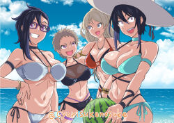 Rule 34 | 4girls, aqua bikini, artist name, bikini, black bikini, black hair, blonde hair, blue eyes, blue sky, bracelet, breasts, cleavage, commentary request, food, fruit, glasses, grin, hand on own hip, hat, himari (hitomi-chan wa hitomishiri), hitomi-chan wa hitomishiri, holding, holding food, holding fruit, horizon, jewelry, karasuma angelica, large breasts, long hair, looking at viewer, multiple girls, natsumi chorisuke, navel, o-ring, o-ring bikini, ocean, open mouth, purple-framed eyewear, purple eyes, rectangular eyewear, red bikini, see-through cleavage, see-through clothes, sharp teeth, shizuka (hitomi-chan wa hitomishiri), short hair, side-tie bikini bottom, sky, smile, stomach, sun hat, swimsuit, takano hitomi, teeth, thigh strap, twitter username, upper teeth only, watermelon, white bikini, white hat