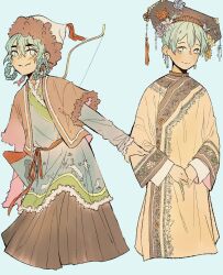 2girls aqua_eyes aqua_hair banbi china chinese_clothes chinese_knot claw_ring dalachi_(headdress) fur-trimmed_headwear fur-trimmed_robe fur_trim guiguxiaogui hatsune_miku highres jurchen_clothes manchu_clothes multiple_girls robe sash shanghai_neckline skirt vocaloid worldwide_miku