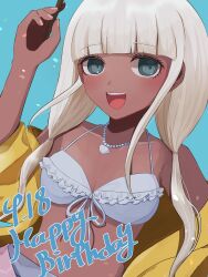1girl :3 :d bare_shoulders bikini danganronpa_(series) danganronpa_v3:_killing_harmony dark-skinned_female dark_skin dated frilled_bikini frills green_background grey_bikini hand_up happy happy_birthday highres holding jacket jewelry long_hair low_twintails macaronimgmg necklace open_clothes open_jacket open_mouth shell shell_necklace simple_background smile solo swimsuit twintails upper_body white_hair yellow_jacket yonaga_angie