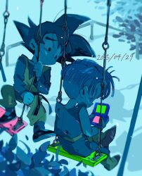 2boys binzu_cla black_hair child dougi dragon_ball dragonball_z handheld_game_console highres holding holding_handheld_game_console male_focus missing_commentary multiple_boys muted_color nintendo_ds orange_shirt shadow shirt short_hair son_goten spiked_hair swing trunks_(dragon_ball)