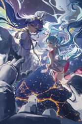 13165075695 1other 2girls :d absurdres aqua_eyes aqua_hair astronaut black_gloves blonde_hair blue_eyes blue_hair boots city_lights colored_inner_hair dress earth_(planet) floating_hair gloves hair_ornament hatsune_miku highres juliet_sleeves kokoshnik leg_up long_hair long_sleeves looking_at_viewer magical_mirai_(vocaloid) magical_mirai_miku magical_mirai_miku_(2022) multicolored_hair multiple_girls official_alternate_costume open_mouth outstretched_arm pink_boots pink_dress planet pov puffy_sleeves reverse:1999 short_dress sleeveless sleeveless_dress smile space spacesuit star_(symbol) star_hair_ornament twintails very_long_hair vocaloid voyager_(choir_of_the_stars)_(reverse:1999) voyager_(reverse:1999) white_dress white_gloves wide_sleeves zero_gravity