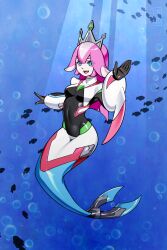 1girl :d absurdres black_bodysuit blue_bodysuit blue_eyes bodysuit breasts covered_navel crown fins highres long_hair mermaid monster_girl multicolored_bodysuit multicolored_hair open_mouth original pale_skin pink_hair red_bodysuit school_of_fish shengshouqlw skin_tight small_breasts smile two-tone_hair underwater waving white_bodysuit