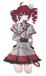 1girl ahoge black_sleeve_cuffs buttons closed_mouth cropped_legs double-breasted double-parted_bangs drill_hair grey_jacket grey_skirt hair_between_eyes hair_ribbon hashtag-only_commentary highres jacket kasane_teto kasane_teto_(sv) layered_sleeves long_sleeves red_eyes red_hair red_trim ribbon s_85ed short_over_long_sleeves short_sleeves shoulder_belt skirt sleeve_cuffs synthesizer_v twin_drills utau white_ribbon