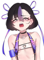 1girl absurdres alternate_costume armband bikini black_choker blush breasts cchiii choker clothing_cutout goddess_of_victory:_nikke heart_cutout highres medium_hair mole mole_under_eye multicolored_hair open_mouth purple_armband purple_bikini purple_eyes purple_hair saliva simple_background small_breasts solo swimsuit syuen_(nikke) teeth upper_teeth_only white_background white_streaks