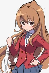 1girl aisaka_taiga blazer blue_ribbon blue_skirt brown_eyes brown_hair buttons closed_mouth collared_shirt commentary_request cowboy_shot double-breasted hair_between_eyes hand_on_own_hip highres jacket long_hair long_sleeves looking_at_viewer neck_ribbon oohashi_high_school_uniform pleated_skirt red_jacket ribbon rokochandayo school_uniform shirt simple_background skirt solo sword toradora! unfinished weapon white_background white_shirt wooden_sword