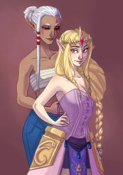 2girls armor armored_dress asymmetrical_hair bare_arms bare_shoulders blonde_hair blue_eyes braid breasts brown_background cleavage closed_mouth collarbone crown dark-skinned_female dark_skin dress dressing elly_beck facial_tattoo faulds folded_ponytail half-closed_eyes hand_on_own_hip height_difference hyrule_warriors impa lips loincloth long_hair looking_at_another looking_at_viewer looking_down medium_breasts multiple_girls neck nintendo pointy_ears princess_zelda purple_dress queen red_eyes red_lips sarashi short_hair sidelocks single_sidelock smile standing strapless strapless_dress tattoo the_legend_of_zelda tiara undressing white_hair