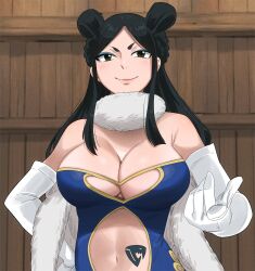 1girl black_hair blue_dress breasts center_opening cleavage dress elbow_gloves fairy_tail gaston18 gloves large_breasts long_hair minerva_orlando navel smile solo
