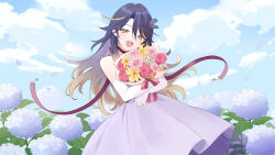 Rule 34 | 1girl, :d, absurdres, alternate costume, blonde hair, blue sky, blush, bouquet, cloud, commentary, daisy, dress, english commentary, feather hair ornament, feathers, flower, gloves, gradient hair, hair ornament, highres, holding, holding bouquet, hydrangea, long hair, lua asuka, multicolored hair, nifu, open mouth, petals, pink flower, production kawaii, purple dress, purple hair, rose, second-party source, sky, smile, solo, streaked hair, tongue, virtual youtuber, white flower, white gloves, yellow eyes