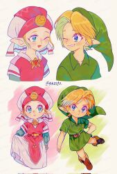 1boy 1girl ;d adversarial_noise artist_name blonde_hair blue_eyes blue_sleeves boots brooch brown_boots child closed_mouth commentary dress fold-over_boots green_hat green_tunic grin hat highres jewelry link looking_at_another looking_at_viewer multiple_views nintendo one_eye_closed open_mouth pink_dress pink_hat pointy_ears princess_zelda red_brooch smile the_legend_of_zelda the_legend_of_zelda:_ocarina_of_time tokuura triforce tunic twitter_username two-tone_dress two-tone_headwear watermark watermark_grid white_dress white_hat young_link young_zelda