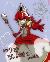 1girl artist_request breasts center_frills cleavage covered_navel crown dress elbow_gloves female_focus frills genderswap genderswap_(mtf) gloves hair_between_eyes holding holding_polearm holding_spear holding_weapon long_hair mario_(series) new_super_mario_bros._u_deluxe nintendo open_mouth polearm ponytail red_gloves red_hair small_breasts smile solo spear super_crown super_mario_rpg weapon yaridovich yellow_eyes