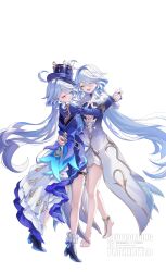 2girls ^_^ absurdres ahoge barefoot blue_dress blue_gemstone blue_hair blue_hat blue_jacket blue_shoes closed_eyes closed_mouth commentary_request dress full_body furina_(genshin_impact) gem genshin_impact gradient_clothes gradient_dress hair_between_eyes hand_on_another&#039;s_back hat highres holding_hands jacket long_hair long_sleeves multicolored_hair multiple_girls nk7ss open_mouth shoes simple_background teardrop-shaped_gem thigh_strap very_long_hair white_background white_dress white_hair