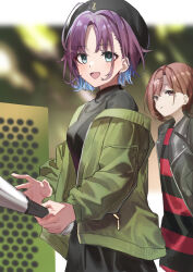 2girls absurdres ahoge aqua_eyes asakura_toru baseball_bat beret black_jacket blue_hair brown_hair earrings gradient_hair green_jacket hair_ornament hairclip haruyuki_(gffewuoutgblubh) hat highres higuchi_madoka hoop_earrings idolmaster idolmaster_shiny_colors jacket jewelry leather leather_jacket long_sleeves mole mole_under_eye multicolored_hair multiple_girls purple_eyes purple_hair short_hair
