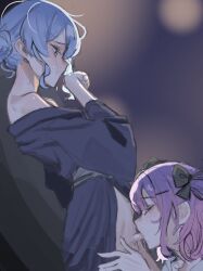 2girls absurdres ayeon black_bow black_kimono blue_eyes blue_hair blush bow fellatio from_side futa_with_female futanari hair_bow highres hololive hoshimachi_suisei japanese_clothes kimono long_hair looking_at_another looking_down multiple_girls oral penis pink_hair purple_hair saliva saliva_trail short_hair small_penis tokoyami_towa uncensored virtual_youtuber