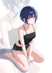 1girl alternate_hair_length alternate_hairstyle bare_arms bare_legs bare_shoulders barefoot bechu black_shorts black_tank_top blue_archive blue_eyes blue_hair hair_between_eyes highres official_alternate_costume parted_lips saori_(blue_archive) saori_(swimsuit)_(blue_archive) short_hair short_shorts shorts sidelocks sitting solo tank_top wariza