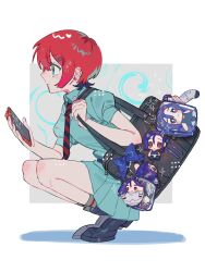 1girl amate_yuzuriha aqua_shirt aqua_skirt bag black_shoes character_doll commentary doll full_body gundam gundam_gquuuuuux highres holding holding_bag holding_phone m_manjyu phone red_hair shadow shirt shoes shuji_ito skirt solo squatting symbol-only_commentary white_background