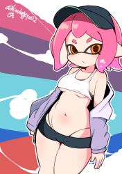 1girl black_hat black_panties black_shorts blue_background blush breasts collarbone grey_jacket hat highleg highleg_panties inkling inkling_girl inkling_player_character jacket long_sleeves looking_at_viewer midriff miyazero navel nintendo off-shoulder_jacket off_shoulder open_clothes open_jacket orange_eyes panties pink_background pink_hair pointy_ears purple_background red_background shirt short_hair short_shorts shorts small_breasts splatoon_(series) squid_girl standing tank_top tentacle_hair underboob underwear visor_cap white_background white_shirt