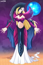 abs absurdres android armor armored_dress axasempai berkana_(mega_man) black_cape blonde_hair blue_eyes breastplate breasts capcom cape chest_jewel cleavage_cutout clothing_cutout cosplay couter dress elbow_pads energy_ball energy_orb gradient_background headphones highres jeweled_hat joints large_breasts long_dress long_hair long_sleeves mega_man_(series) mega_man_x_(series) mega_man_x_dive mega_man_xtreme_2 midriff navel nintendo one_eye_covered orb outstretched_arms pelvic_curtain plate_armor purple_armor purple_background purple_dress purple_eyes robot robot_girl robot_joints rondel shoulder_armor shoulder_spikes spiked_couter spikes spread_arms the_legend_of_zelda the_legend_of_zelda:_oracle_of_ages torn_clothes turtleneck veran veran_(cosplay) white_dress witch