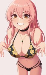 1girl absurdres adjusting_clothes adjusting_swimsuit bikini black_bikini black_choker blush breasts choker contamination_(contami0813) cosplay fingernails grin highres idolmaster idolmaster_cinderella_girls jewelry jougasaki_mika kitagawa_marin kitagawa_marin_(cosplay) large_breasts long_hair nail_polish navel necklace pink_hair side-tie_bikini_bottom simple_background smile solo stomach straight_hair string_bikini swimsuit very_long_hair white_background yellow_eyes
