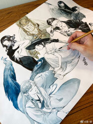 3boys 4girls art_tools_in_frame artist&#039;s_hand_in_frame backless_dress backless_outfit bare_arms bare_back bare_shoulders bird black_dress black_hair black_hanfu black_hat black_mask chinese_clothes chun-he closed_eyes closed_mouth covered_erect_nipples cropped_legs cropped_torso dress fighting_stance forehead frilled_sleeves frills full_body gas_mask glasses grey_eyes grey_hair hair_bun hair_ornament hairpin hands_on_own_hips hanfu hat holding holding_sword holding_weapon lipstick long_dress long_hair long_sleeves looking_at_viewer makeup making-of_available mask medium_hair multiple_boys multiple_girls original painting_(medium) peacock photo_(medium) scar scar_on_face scar_on_forehead shaded_face short_sleeves sidelocks signature single_hair_bun sleeveless sleeveless_dress straight_hair sun_hat sword traditional_media veil very_long_hair watercolor_(medium) watermark weapon weibo_watermark white_dress white_hanfu wide_sleeves