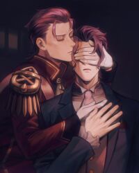 2boys ace_attorney ascot barok_van_zieks black_jacket brothers chinese_commentary closed_eyes closed_mouth commentary_request epaulettes frilled_sleeves frills gloves grey_shirt grey_vest hand_on_another&#039;s_chest hand_on_own_chest hand_over_another&#039;s_eyes highres incest jacket kaze_(yznyttdgs) klint_van_zieks long_sleeves male_focus multiple_boys open_clothes open_jacket open_mouth pink_ascot purple_hair red_jacket shirt short_hair siblings the_great_ace_attorney vest white_gloves yaoi