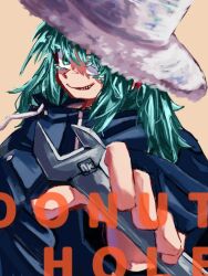 1girl aqua_eyes aqua_hair blue_coat blue_hat coat donut_hole_(vocaloid) hair_between_eyes hat hatsune_miku holding holding_wrench long_hair long_sleeves looking_at_viewer messy_hair nacy8434 parted_lips partially_shaded_face simple_background solo song_name vocaloid wrench yellow_background