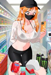1girl 1other arm_behind_back averting_eyes barcode_scanner black_leggings blush bra_visible_through_clothes breasts buying_condoms can cleavage condom_box contemporary cropped_shirt drink_can elpipe_3000 embarrassed energy_drink heart highres holding holding_barcode_scanner holding_phone large_breasts leggings long_hair looking_down mask monster_energy mouth_mask nami_(one_piece) navel one_piece orange_eyes orange_hair phone pov see-through_clothes see-through_shirt shelf shirt steaming_body stomach supermarket sweat thigh_gap wanted_poster white_shirt