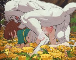 1boy 1girl animal_penis anus asriel_dreemurr blush bottomless breasts brown_hair butterchalk clothed_female_nude_male cum cum_in_pussy digitigrade ejaculation flower frisk_(undertale) furry furry_male furry_with_non-furry goat goat_boy hetero horns internal_cumshot interspecies knotted_penis nipples nude open_mouth sex shirt teeth testicles tongue undertale vaginal white_fur