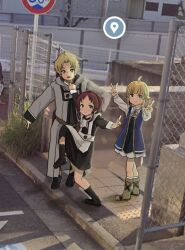 Rule 34 | 1boy, 2girls, ahoge, aisha greyrat, apron, ascot, blonde hair, brother and sister, chain-link fence, chocomi6517, cloak, clothes grab, double v, eyebrows hidden by hair, family, fence, google maps, google street view, green cloak, green eyes, grey robe, half-siblings, high school girls posing for google street view (meme), highres, long bangs, looking at viewer, maid, maid apron, meme, multiple girls, mushoku tensei, norn greyrat, overhead line, photo background, raised curb, red hair, road sign, robe, rudeus greyrat, siblings, sidewalk, sign, sisters, smile, socks, standing, standing on one leg, v, waist ribbon, white apron, white ascot, white socks