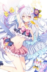 Rule 34 | 1girl, angel wings, azusa (blue archive), azusa (swimsuit) (blue archive), bare shoulders, bead necklace, beads, bikini, bikini skirt, blue archive, blush, bow, bow on wing, breasts, crescent halo, feathered wings, flower, food, frilled bikini, frills, hair between eyes, hair flower, hair ornament, halo, holding, holding food, holding popsicle, jewelry, long hair, looking at viewer, myusha, navel, necklace, official alternate costume, popsicle, purple eyes, ribbon-trimmed bikini, ribbon-trimmed swimsuit, ribbon trim, stomach, strapless, strapless bikini, swimsuit, white hair, white wings, winged halo, wings, yellow halo