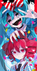 2girls absurdres black_choker black_necktie blue_hair blue_nails blue_shirt bow choker clenched_teeth collared_shirt contrast_collar dress drill_hair fingernails goma_irasuto hair_between_eyes hat hatsune_miku highres kasane_teto kepi long_hair mesmerizer_(vocaloid) military_hat multiple_girls necktie pillarboxed pinstripe_dress pinstripe_hat pinstripe_pattern red_bow red_eyes red_hair red_hat sailor_collar sharp_teeth shirt smiley_hat_ornament striped_bow striped_clothes striped_shirt sweat teeth tongue tongue_out twin_drills twintails two-tone_bow two-tone_shirt upper_teeth_only utau v visor_cap vocaloid white_bow white_sailor_collar white_shirt wing_collar