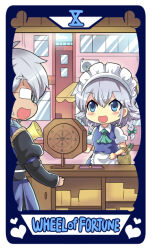 Rule 34 | 1boy, 1girl, :d, apron, bag, bell, blue dress, blue eyes, braid, card (medium), colonel aki, counter, dress, elbow carry, garapon, glasses, grey hair, holding, holding bag, holding bell, izayoi sakuya, juliet sleeves, long sleeves, maid, maid headdress, medium hair, morichika rinnosuke, opaque glasses, open mouth, puffy short sleeves, puffy sleeves, short hair, short sleeves, smile, spring onion, tarot, tarot (medium), touhou, twin braids, waist apron, wheel of fortune (tarot), white apron