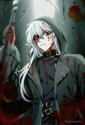 1boy a_date_with_death bishounen black_coat black_pants black_shirt blood blood_on_face casper_(a_date_with_death) closed_mouth coat commentary english_commentary hair_between_eyes hood hood_up hooded_coat long_hair looking_at_viewer male_focus pants rain red_eyes sanfangzhu58831 scythe shirt smeared_blood solo white_hair