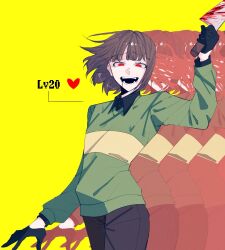 1girl :d arm_at_side arm_up black_gloves black_mouth black_pants black_shirt blood bloody_knife bob_cut breasts brown_hair butcher_vanity_(synthesizer_v) chara_(undertale) chinese_commentary collared_shirt commentary_request cowboy_shot downturned_eyes genderswap genderswap_(otf) gloves green_sweater hair_behind_ear half_gloves heart highres holding holding_knife knife layered_sleeves long_sleeves looking_at_viewer mmlma_ma open_mouth pants puffy_long_sleeves puffy_sleeves raised_inner_eyebrows red_eyes shirt short_hair simple_background small_breasts smile solo squiggle standing striped_clothes striped_sweater sweater teeth two-tone_sweater undertale wind yellow_background yellow_sweater