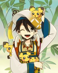 Rule 34 | 1boy, bamboo, black eyes, black hair, gen 2 pokemon, hat, magatama, nintendo, nobunaga no yabou, one eye closed, pichu, pokemon, pokemon (creature), pokemon conquest, sengoku musou, takenaka hanbee (sengoku musou), takenaka hanbei, ucchii, wink