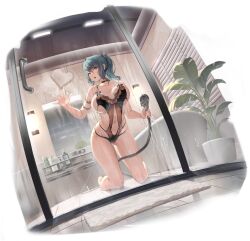 1girl against_glass azur_lane bare_shoulders bathroom bathtub black_choker black_one-piece_swimsuit breast_press breasts choker collarbone dead_or_alive dead_or_alive_6 dead_or_alive_xtreme doormat glass_door glass_writing heart highres holding holding_shower_head kneeling kurumi_(recycllamo) large_breasts long_hair looking_at_viewer mirror multicolored_hair navel non-web_source official_alternate_costume official_art one-piece_swimsuit plant ponytail potted_plant shower_head skindentation soap_bottle streaked_hair swimsuit tamaki_(doa) tamaki_(venus_shower_time)_(doa) thighs water window_blinds
