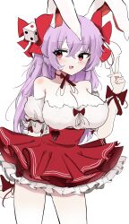 1girl absurdres animal_ears blush bow breasts choker cleavage commentary cosplay detached_sleeves di_gi_charat dice_hair_ornament dress frilled_dress frills hair_bow hair_ornament highres index_finger_raised large_breasts long_hair looking_to_the_side open_mouth ougiikun pink_eyes purple_hair rabbit_ears rabbit_girl reisen_udongein_inaba ribbon_choker short_sleeves smile solo strapless strapless_dress touhou usada_hikaru usada_hikaru_(cosplay) wrist_bow