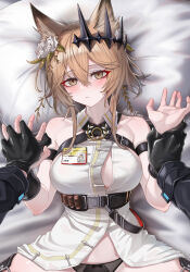 1girl 1other absurdres androgynous animal_ear_fluff animal_ears arknights bare_shoulders black_gloves black_panties blush breasts brown_eyes button_gap cat_ears chest_harness closed_mouth commentary doctor_(arknights) dress flower gloves hair_flower hair_ornament harness head_on_pillow hetero highres holding_another&#039;s_wrist holding_hands id_card large_breasts light_brown_hair looking_at_viewer lying mildt on_back panties pillow pov short_hair_with_long_locks sidelocks sleeveless sleeveless_dress slit_pupils twitter_username underbust underwear vendela_(arknights) white_dress