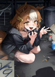 1girl absurdres animal_ears belno_light_(umamusume) black_choker black_jacket black_mask blush box breasts breath brown_hair can cardboard_box choker cigarette cigarette_butt commentary drink_can english_commentary forked_tongue hair_between_eyes hair_ornament highres horse_girl horse_tail jacket long_sleeves looking_at_viewer mask_pull multicolored_hair mutsuru_(omotta_yori) official_alternate_costume open_clothes open_mouth pepsi pocari_sweat shirt soda_can solo streaked_hair studded_choker tail tongue torn_clothes trash_can umamusume umamusume:_cinderella_gray white_hair yellow_eyes