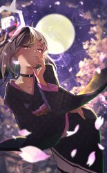 1girl black_choker black_hair black_kimono blue_archive blurry blush bright_pupils cherry_blossoms choker collarbone demon_horns depth_of_field falling_petals flower full_moon grey_halo hair_ornament hairclip halo hand_on_own_chin highres horns japanese_clothes kayoko_(blue_archive) kayoko_(new_year)_(blue_archive) kimono long_sleeves looking_at_viewer matsumoto_yutaka mole mole_on_neck moon multicolored_hair night obi official_alternate_costume outdoors petals red_eyes sash solo two-tone_hair white_hair white_pupils wide_sleeves